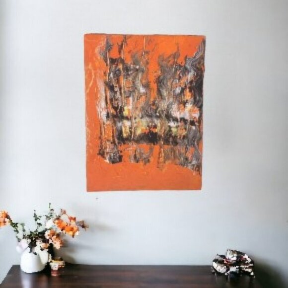 Painting Orange, Black, White and Yellow Abstract Textured  9 x 12 inches - Picture 1 of 3